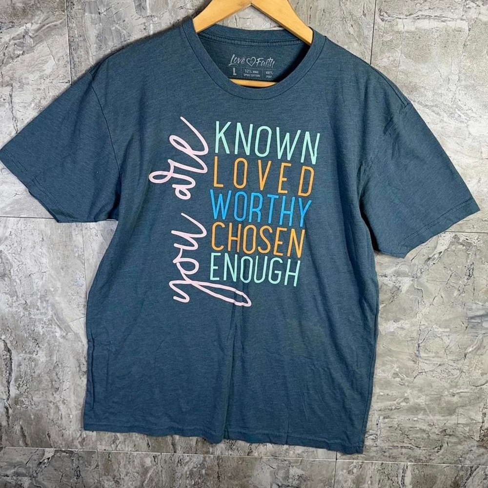 Blue short sleeve cotton t-shirt with "Known Loved Worthy Chosen Enough" Woman L